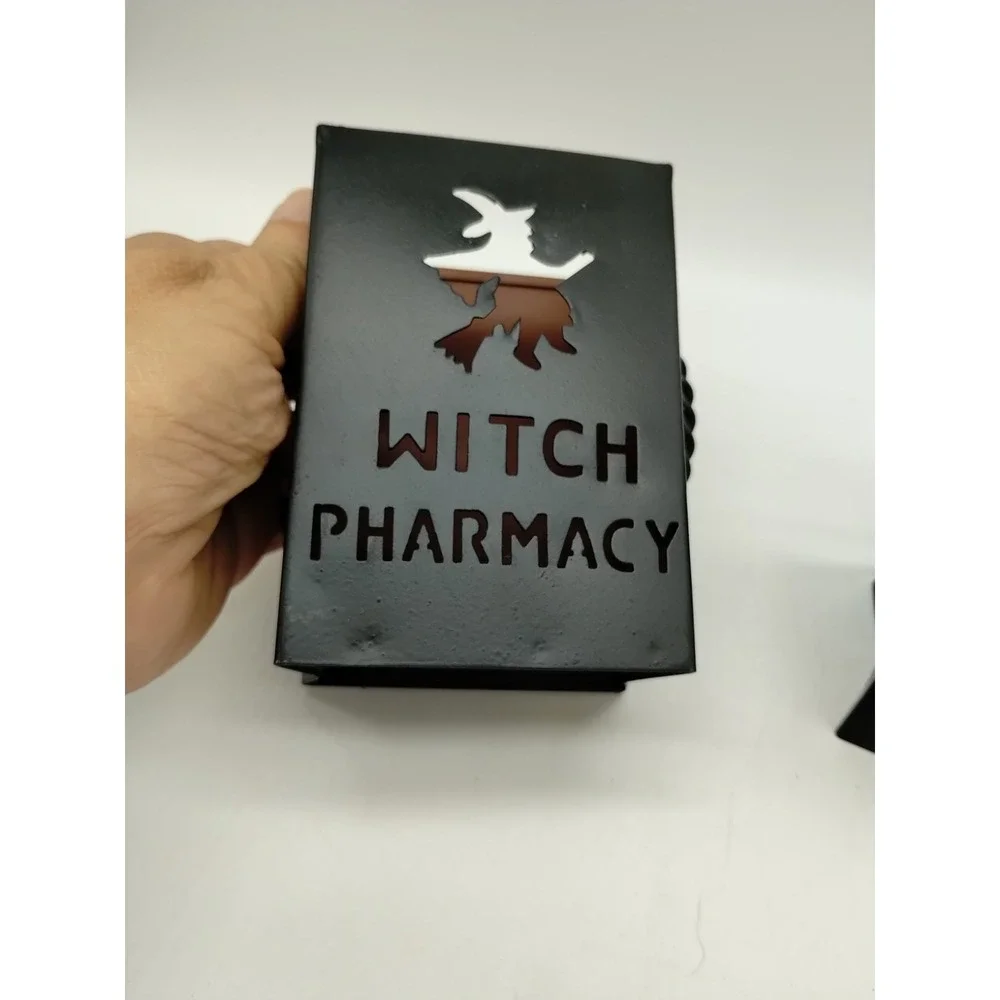 Set Of 2 Black Metal Witch Pharmacy Halloween Votive Candle Holders 4.5